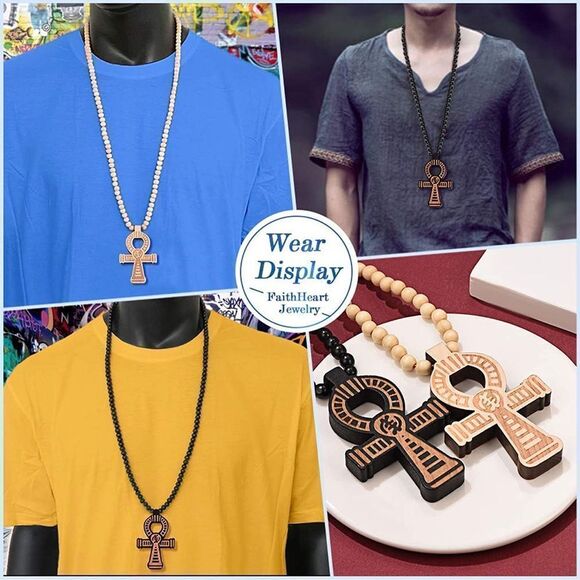 FaithHeart Egpytian Jewelry Eye of Horus Necklace, Wooden Beaded Sweater Chain V - Picture 4 of 5